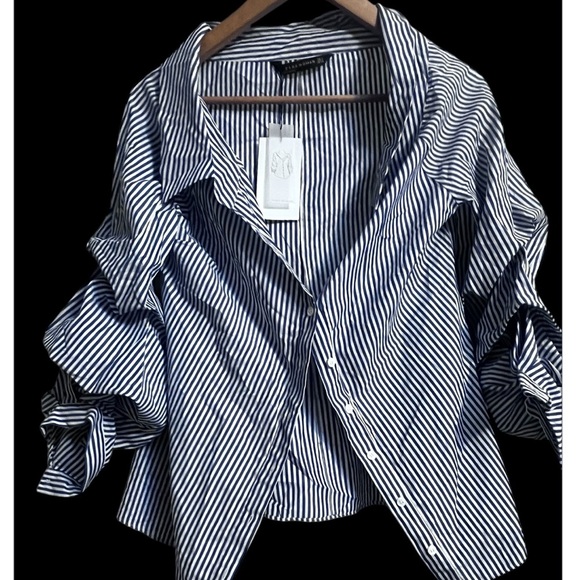 Zara Women Striped Button-Up Blouse Sz M Ruffed Sleeves - Picture 5 of 6